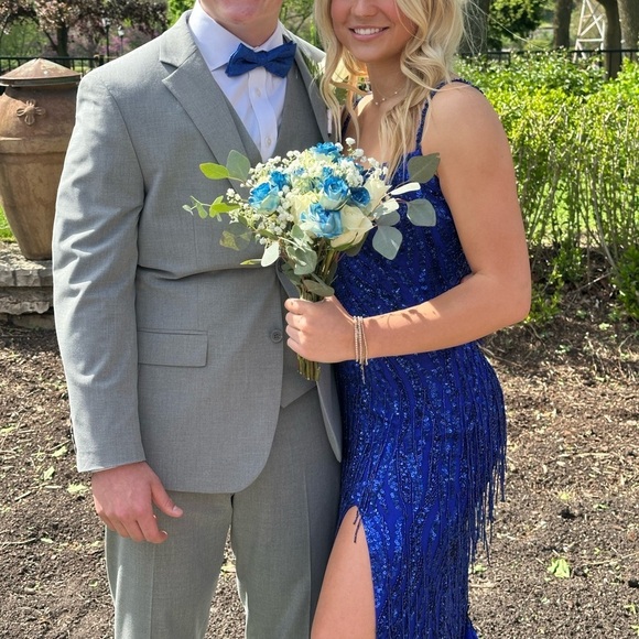 Amarra Cobalt Blue Beaded Dangles Spaghetti Strap Gown Women’s Size 2 Prom Dress - Picture 4 of 15